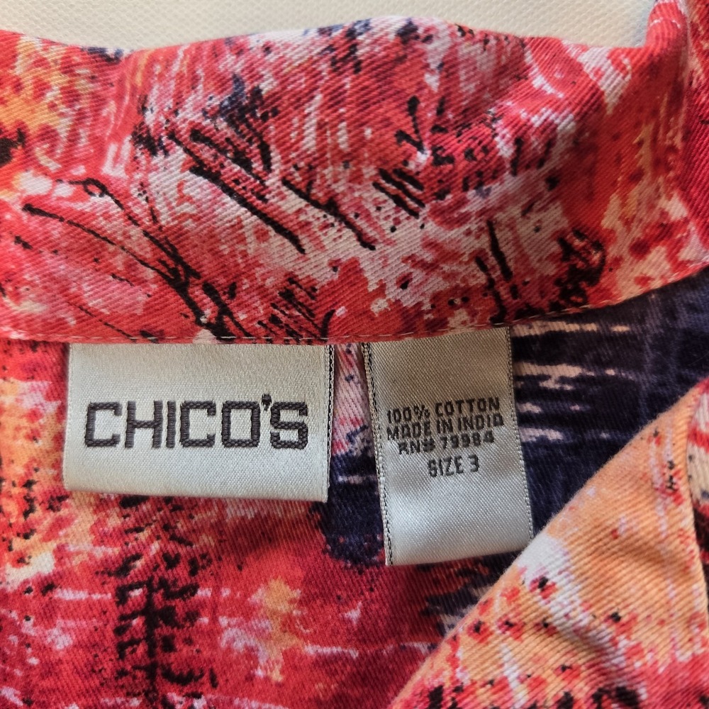 Chico's Geometric and‎ Floral Red Blue Collared Button Down Jacket Womens Size 3 - Picture 3 of 8